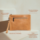 Almond Bare Leather Coco Clutch. Image show features