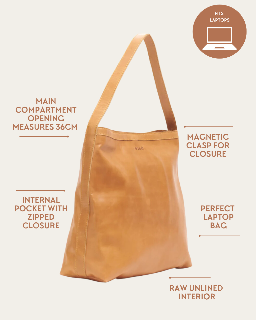 Almond bare Leather Bag showing features