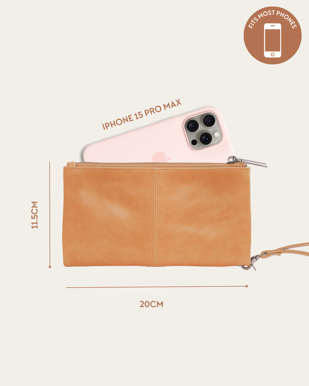 Almond Bare Leather Saffi Wallet showing the dimensions