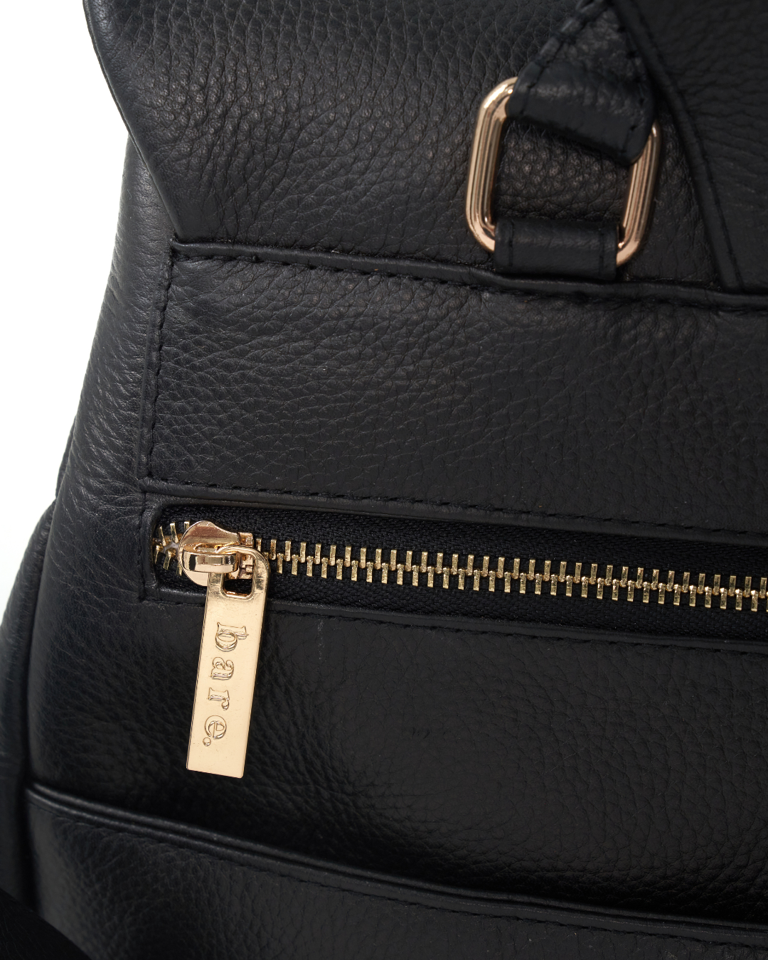 Image showing the gold zip and gold hardware on the back of the Bare Leather Lottie Backpack