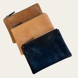 3 colourways of Bare leather purse. Camel, Almond and Black