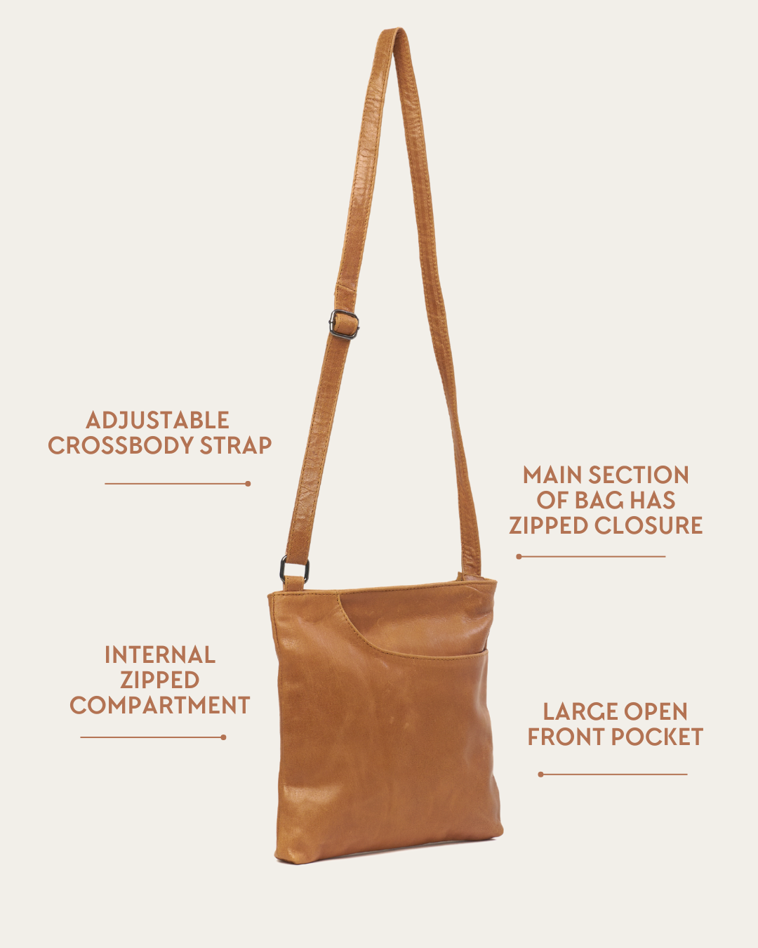 Camel Bare Leather Betty Bag showing features