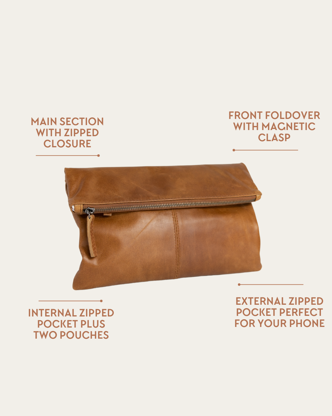 Camel Bare Leather Foldover Clutch
