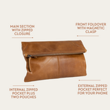 Camel Bare Leather Foldover Clutch