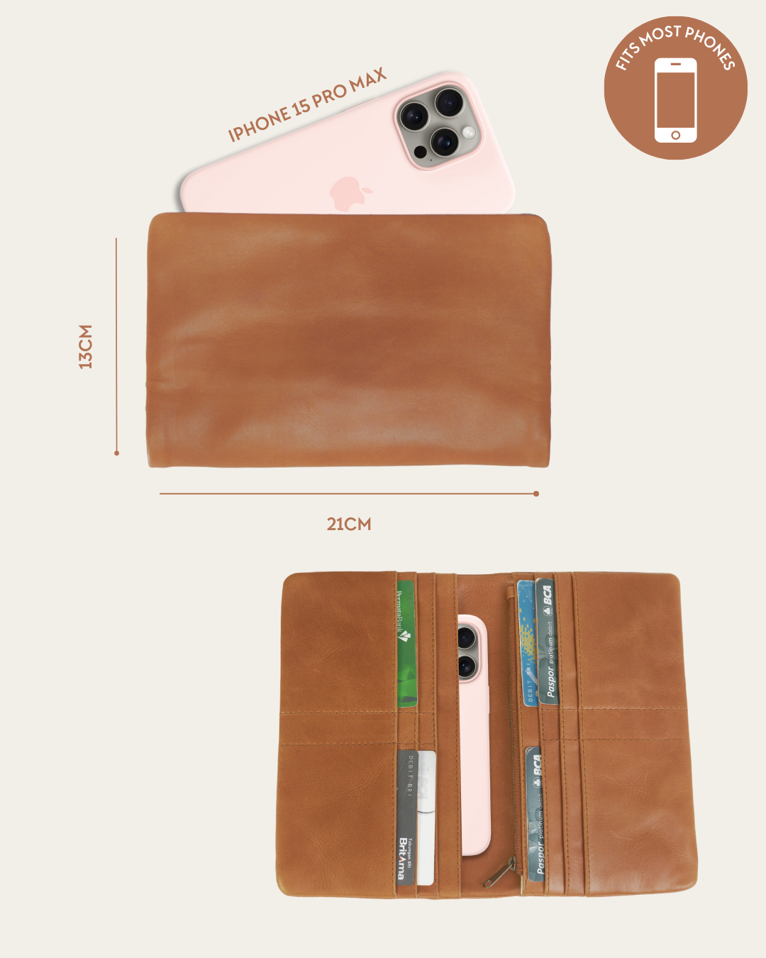 Camel Bare Leather Lenny wallet showing features
