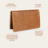 Camel Bare Leather Lenny Wallet showing features