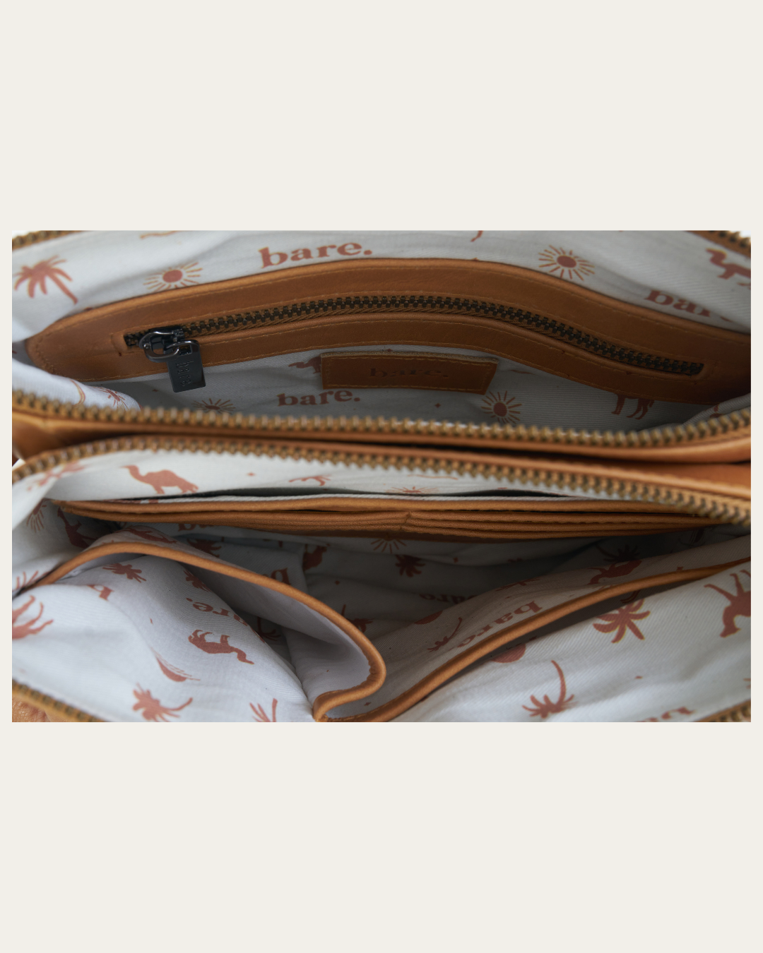 Camel Bare Leather Neve Bag showing internal features of bag