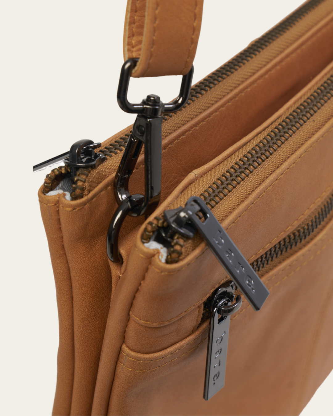 Camel Bare Leather Neve Bag showing bags hardware