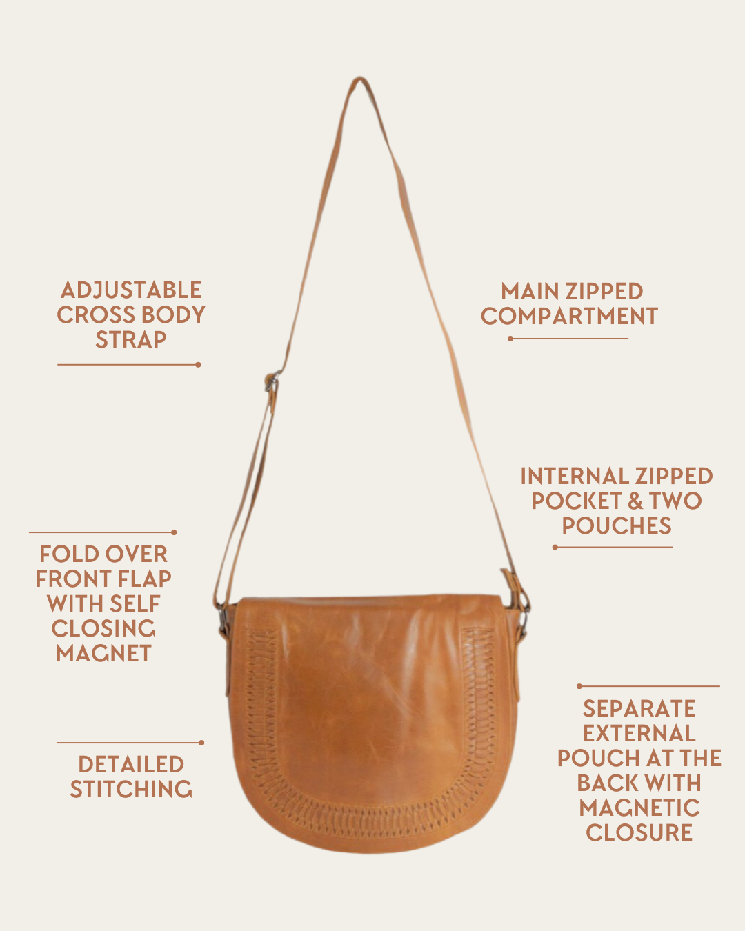 Camel Bare Leather Harper Bag showing features