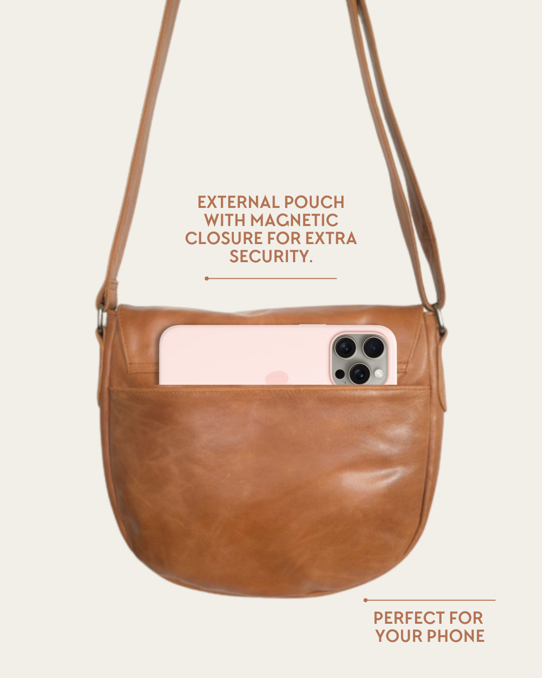 Camel Bare Leather Harper Bag showing features