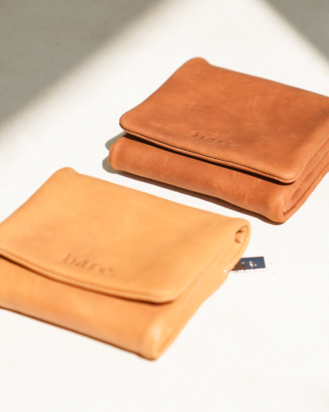 Almond and Camel Bare Leather wallet. Front