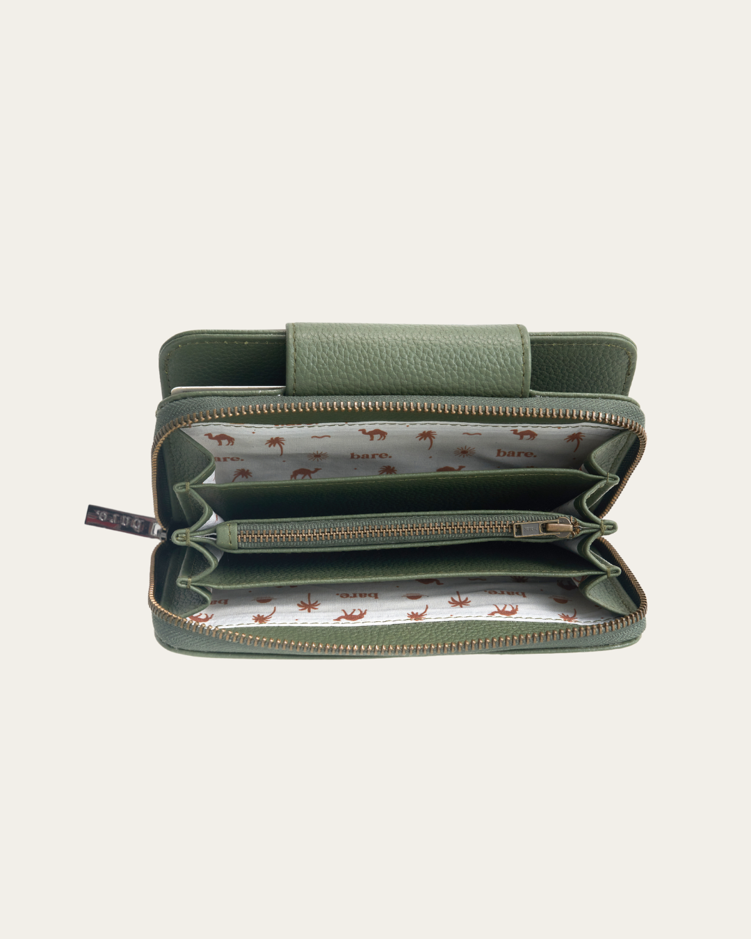 Olive Bare Leather Jorja wallet showing the inside features