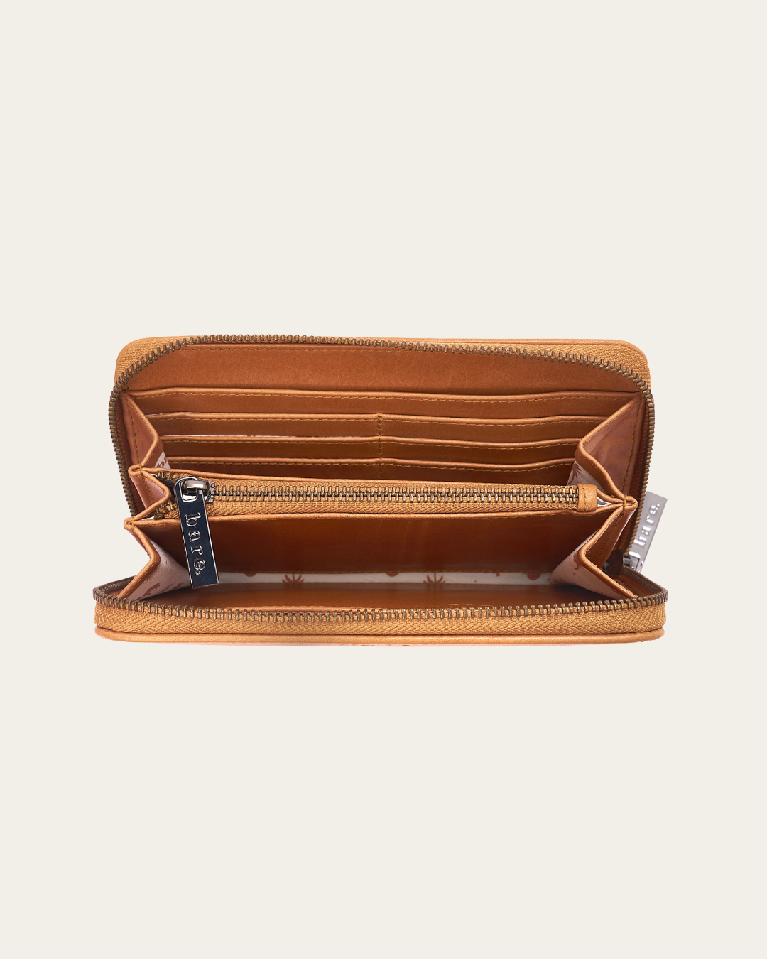 Image of an open Bare Leather Quinn wallet in Camel. Image shows the inside features of the wallet.