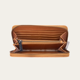 Image of an open Bare Leather Quinn wallet in Camel. Image shows the inside features of the wallet.
