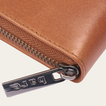 Camel Bare Leather Quinn wallet showing the zip and hardware detail.