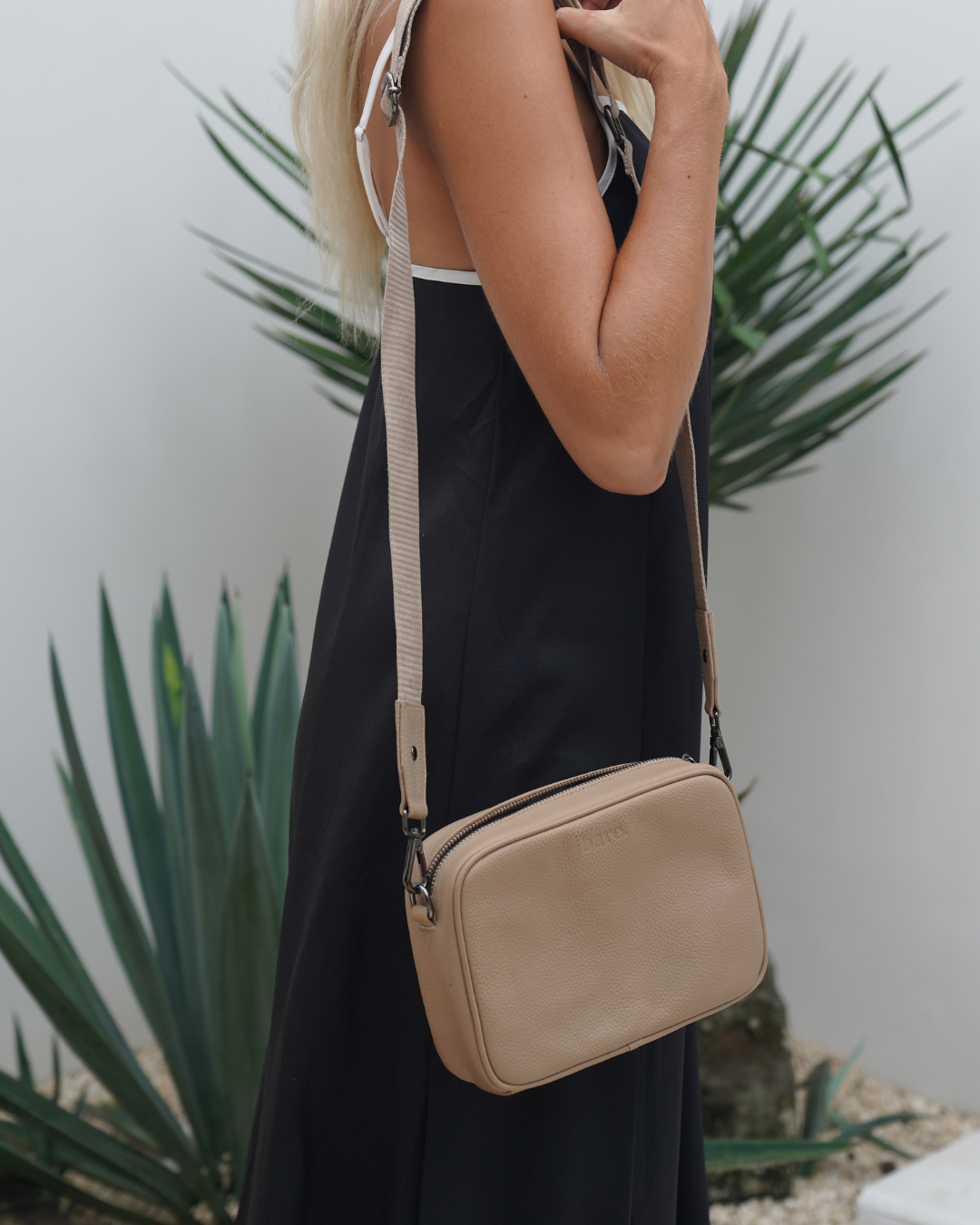 Stone Bare Leather Esme bag worn on model