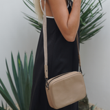 Stone Bare Leather Esme bag worn on model