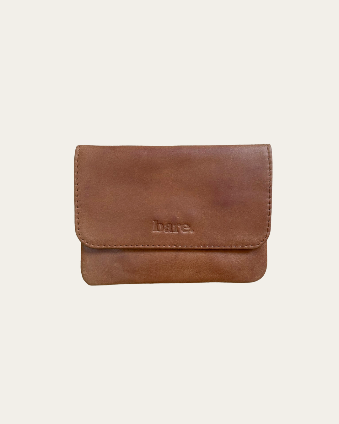 Camel leather coin purse with magnetic closure and zip pocket. Front