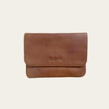 Camel leather coin purse with magnetic closure and zip pocket. Front
