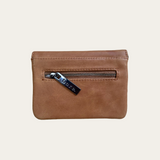 Camel leather coin purse with magnetic closure and zip pocket. Back