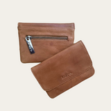 Camel leather coin purse with magnetic closure and zip pocket