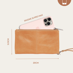 Almond Bare Leather Saffi Wallet showing the dimensions
