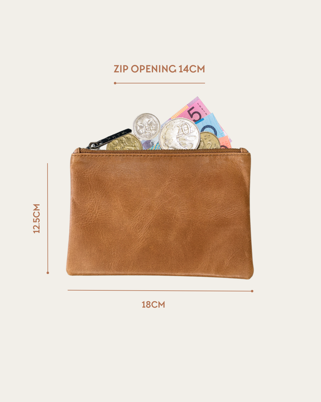 Almond Bare Leather purse with zip. Image showing dimensions of the purse.