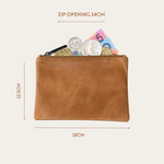 Almond Bare Leather purse with zip. Image showing dimensions of the purse.