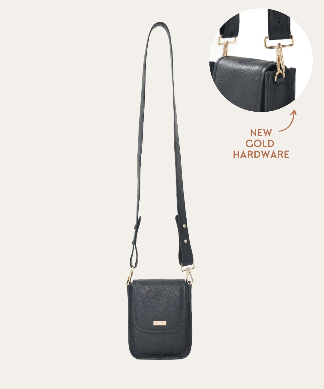 Black Bare Leather Hadley Bag with insert image showing gold hardware detail. Front