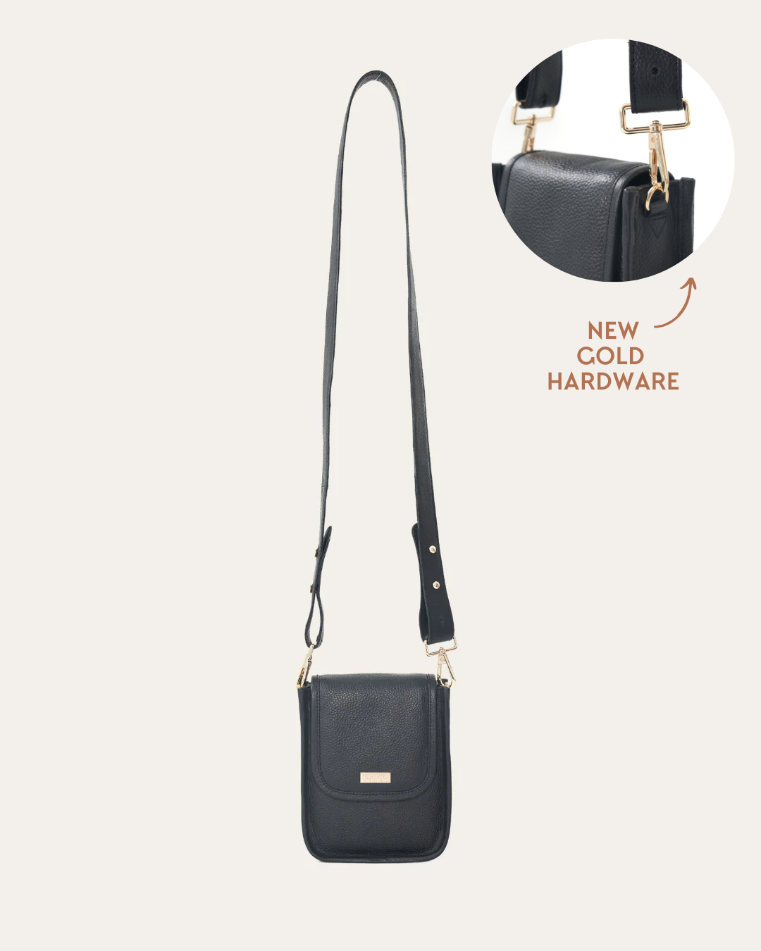 Black Bare Leather Hadley Bag with insert image showing gold hardware detail. Front