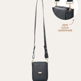 Black Bare Leather Hadley Bag with insert image showing gold hardware detail. Front