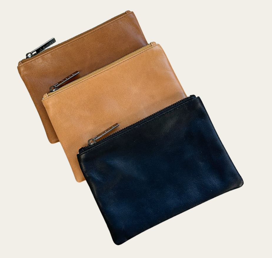 3 colourways of Bare leather purse. Camel, Almond and Black