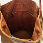 Camel Bare Leather Lulu bag, image shows the inside features of the bag