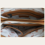 Camel Bare Leather Neve Bag showing internal features of bag