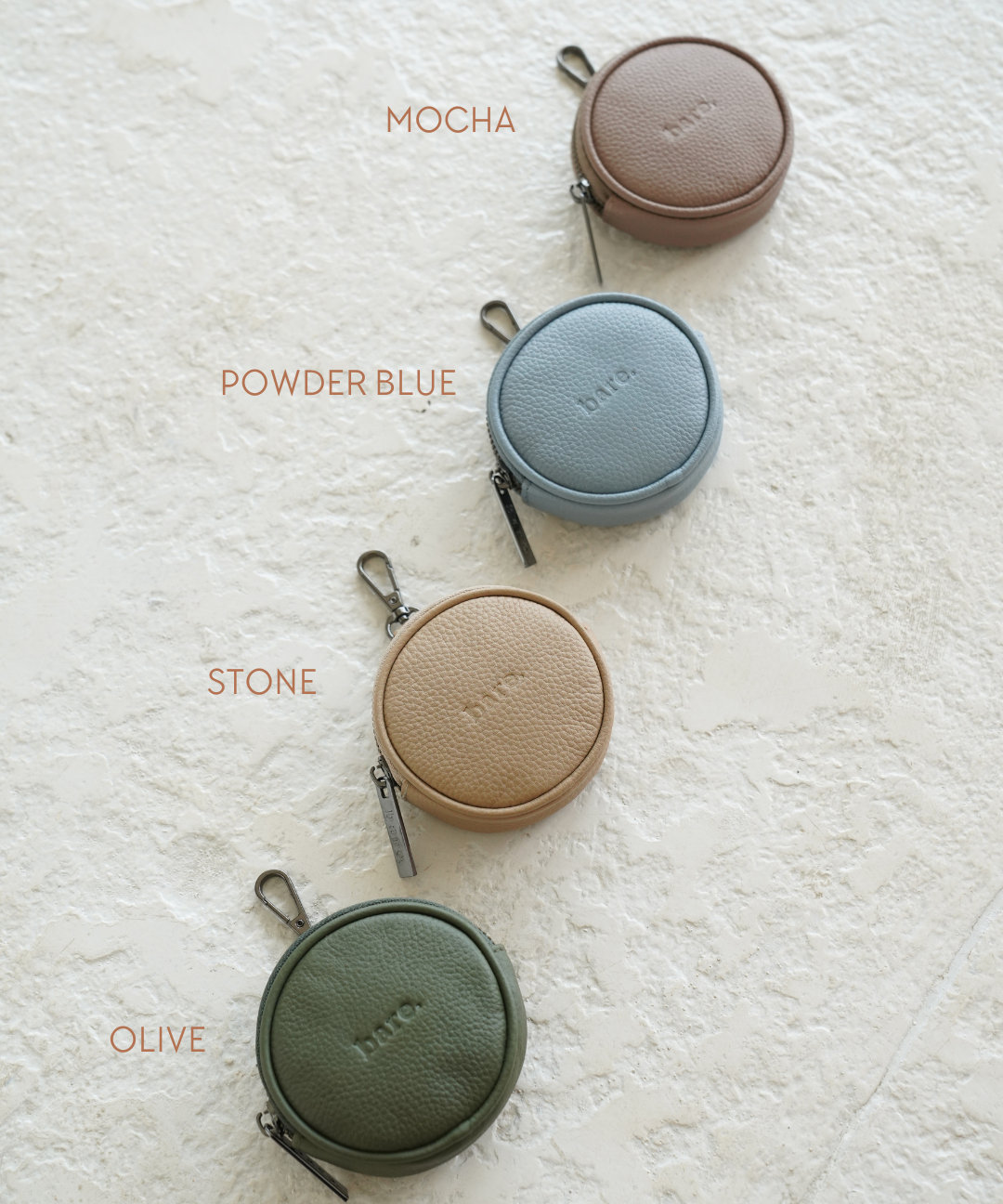Bare Leather Coin Pouch in four colourways. Mocha, Olive, Stone and Powder Blue