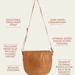 Camel Bare Leather Harper Bag showing features