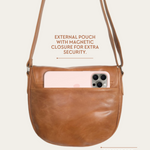Camel Bare Leather Harper Bag showing features