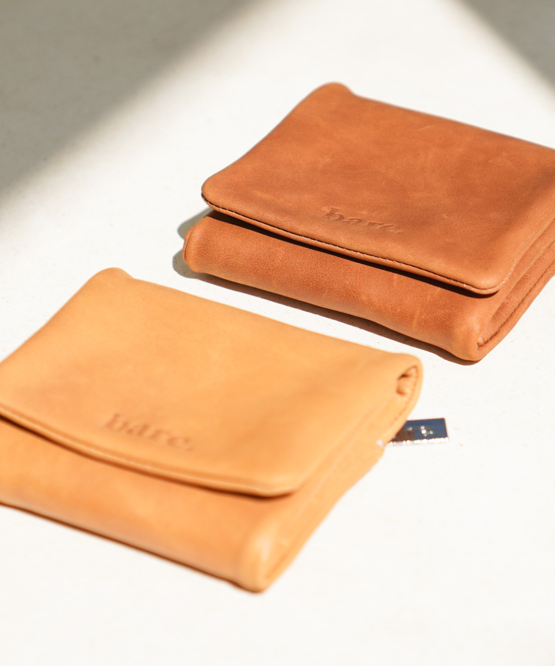 Almond and Camel Bare Leather wallet. Front