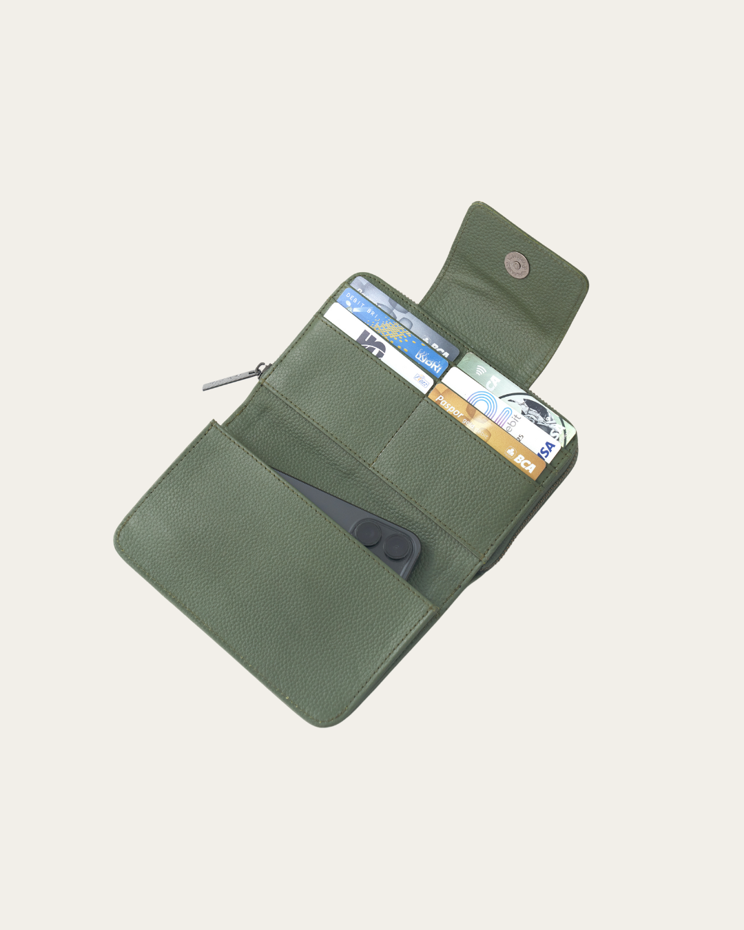 Olive Bare Leather Jorja Wallet showing some of the inside features
