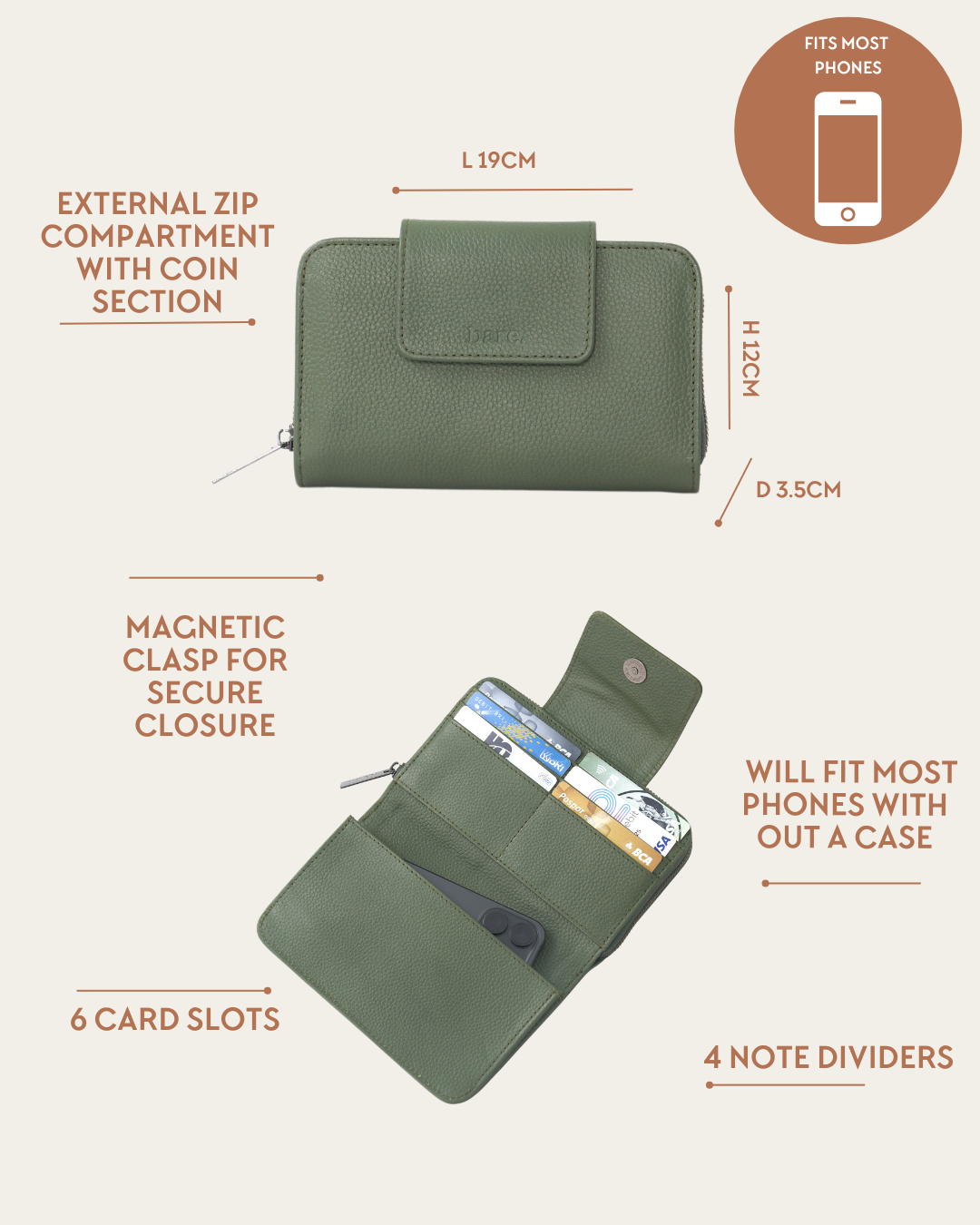 Image shows all the features of the Bare Leather Jorja wallet