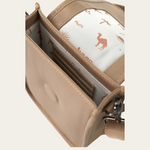 Stone Bare Leather Hadley Bag open to see the inside of the bag.