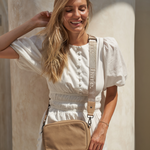 Stone Bare  Leather Nylon Strap worn by model with the Esme bag