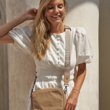 Stone Bare  Leather Nylon Strap worn by model with the Esme bag