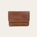 Camel leather coin purse with magnetic closure and zip pocket. Front