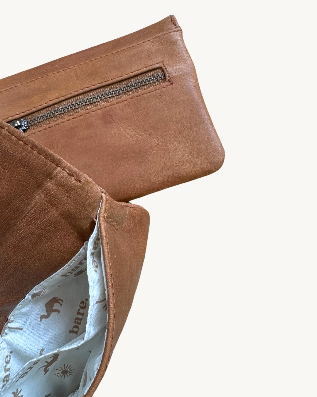Camel Bare Leather coin purse, showing inside and the outside zip.