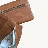 Camel Bare Leather coin purse, showing inside and the outside zip.
