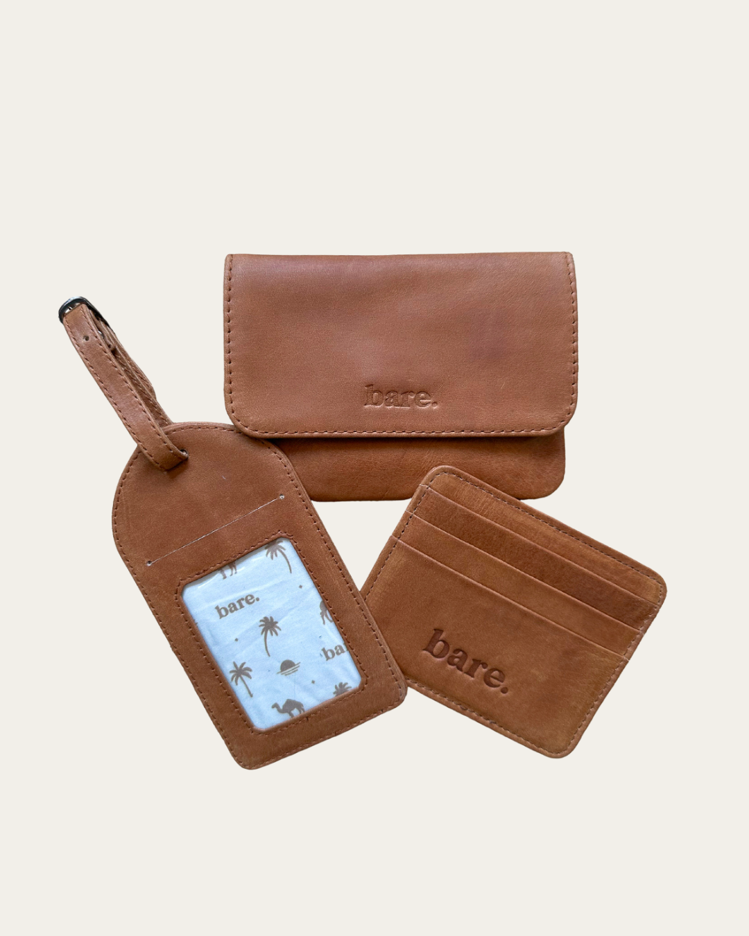 Camel Bare Leather coin purse with luggage tag and card wallet