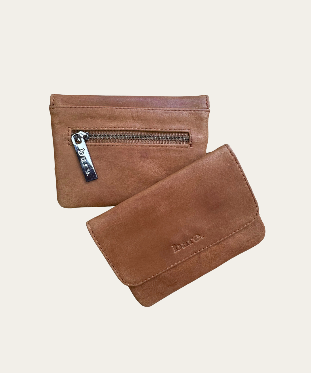 Camel leather coin purse with magnetic closure and zip pocket