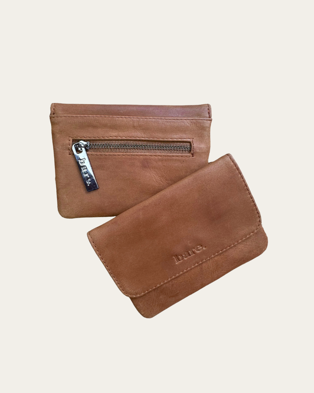 Camel leather coin purse with magnetic closure and zip pocket
